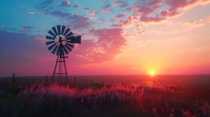 A windmill stands in a field of flowers at sunset. The sky is a gradient of purple, pink, and blue.