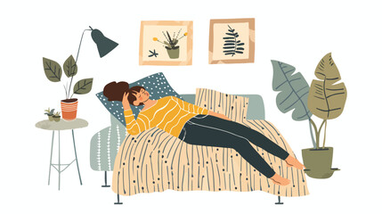 Woman lying on bed at home Hand drawn style vector