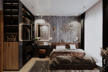 A luxurious black and bright bedroom, minimalist and modern with a giant bed.