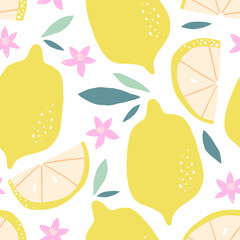 Summer seamless pattern with lemons and leaves. Repeated background.  - 794850736