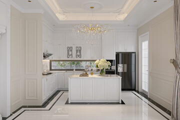 Kitchen with double sash windows and tall ceilings.