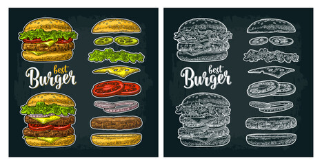Double and classic burger with flying ingredients include bun, tomato, salad, cheese, onion, cucumber. Best burger lettering. Vector color vintage engraving illustration isolated on dark - 794851105