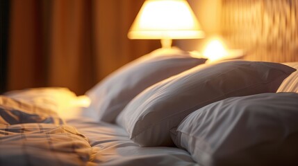 Close-up of pillows on a bed in a luxury hotel with a table lamp by the bed