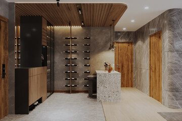 modern wine storage space with a wine bottle, foyer interior with shoe cabinet