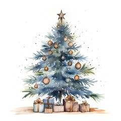Watercolor Christmas tree with gifts. Hand drawn illustration isolated on white background