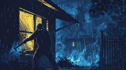 A masked figure using a crowbar to break into a house during a stormy night - obrazy, fototapety, plakaty