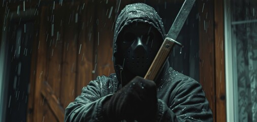 A masked figure using a crowbar to break into a house during a stormy night - obrazy, fototapety, plakaty