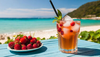Chilled Cocktails with Beach Background. Summer Refreshments. Cold drink concept