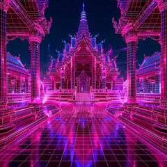 Thai temple 3D hologram wireframe pixels, purple neon light, volumetric epic quantum computing core, glowing with energy, intricate data streams, abstract algorithmic patterns