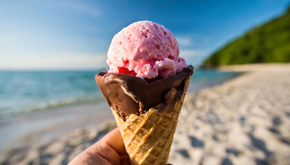 Strawberry Vanilla and Chocolate Ice Cream Cone with Beach Background. Summer Desserts concept