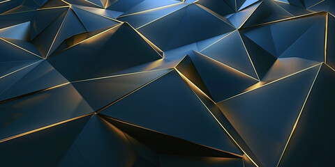 Dark blue abstract background with gilded line triangular patterns in gold. Generative AI. - obrazy, fototapety, plakaty