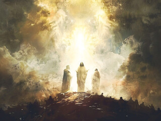 Religious artwork showing Jesus shining brightly during the Transfiguration, depicted with intricate detail and color.