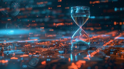 An hourglass with digital pixels spilling like sand, symbolizing the passing of time in the digital era and the accumulation of electronic waste.