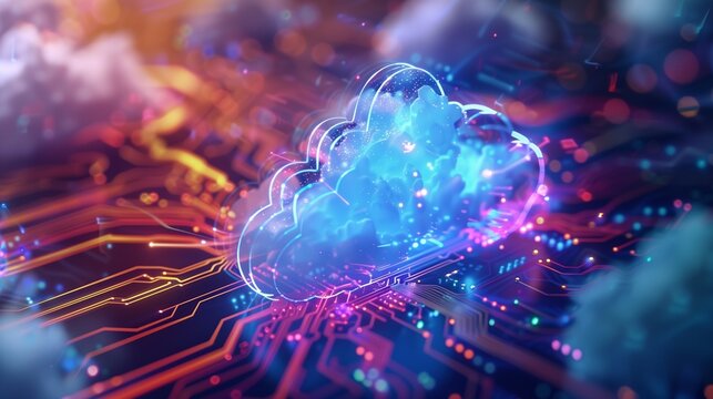 An artistic representation of a cloud computing concept, featuring a microchip with a cloud symbol, symbolizing advanced data upload and storage technology in the digital age.