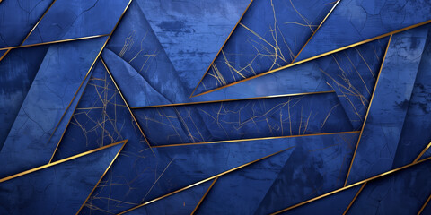 Dark blue abstract background with gilded line triangular patterns in gold. Generative AI.