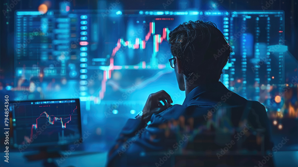 Poster Trader is trading spot cryptocurrency market, blue background with data price charts. Generative AI.