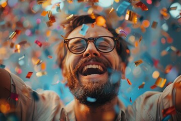 Joyful celebration captured as a man laughs heartily among falling colorful confetti
