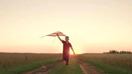 child kid baby boy runs across field with rainbow kite hands sunset, children's dream flying,...