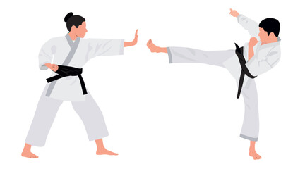 Male and female karate player in fighting pose. Two young athletes of the karate player using martial art skill to participate in competition. Karate player in action. Combat and self defense skill. © LazyArtist