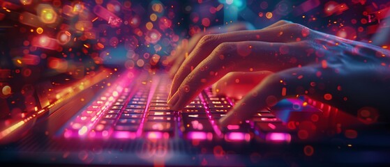 Close-up image of hands typing on a laptop keyboard with dramatic neon lighting and digital effects