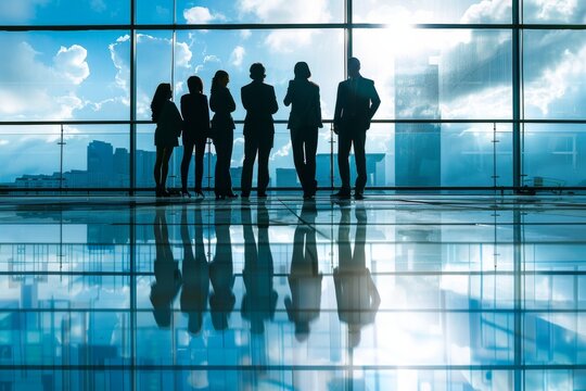 Image portrays a group of professionals silhouetted against a modern office window overlooking a cityscape