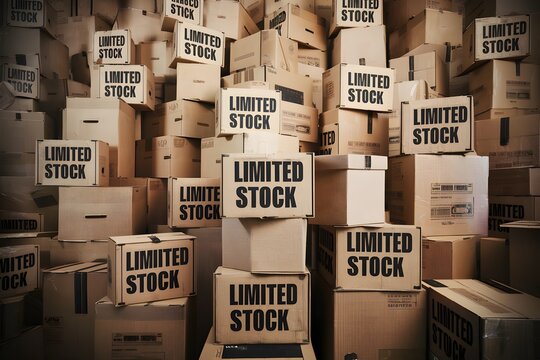 stack of cardboard boxes, each one prominently displaying the words "Limited Stock" in bold, black lettering
