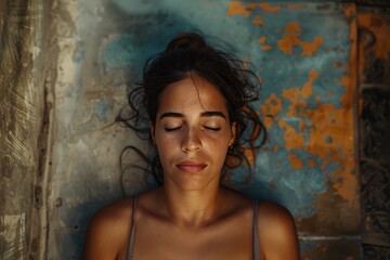 A serene woman resting with eyes closed against a textured old wall exuding peace and relaxation - Powered by Adobe
