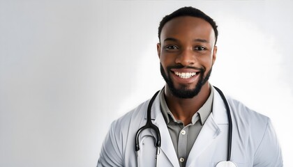 Smiling African American doctor on a white minimalist background - obrazy, fototapety, plakaty
