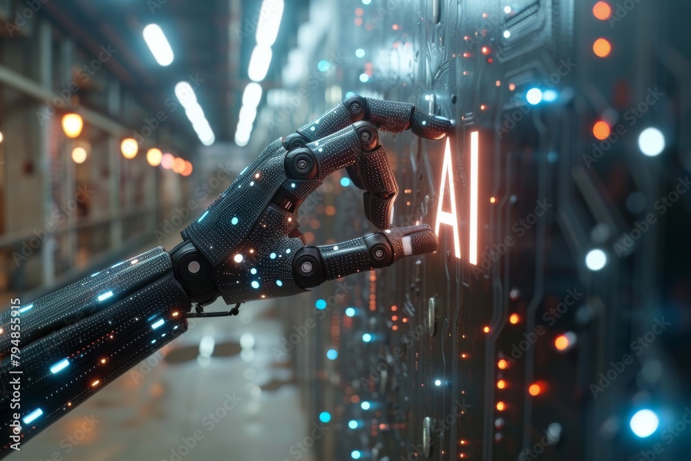 Poster a robotic arm is interfacing with a digital server rack, signifying advanced ai maintenance or data 