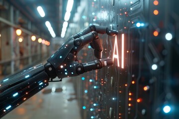 A robotic arm is interfacing with a digital server rack, signifying advanced AI maintenance or data management in a futuristic setting