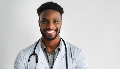 Smiling African American doctor on a white minimalist background