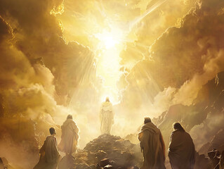 Religious scene showing Peter, James, and John witnessing Jesus' radiant transfiguration on a mountain.