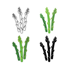 A set of asparagus icons. Color and black-and-white icons, silhouette and outline. Delicious and healthy asparagus. Vegetarianism. Vector illustration.