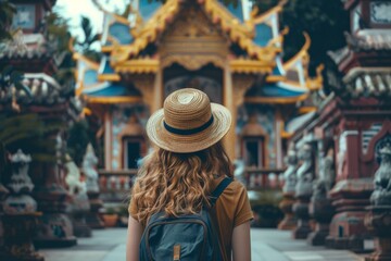 A thought-provoking image of a backpacker observing the elaborate details of a richly decorated temple