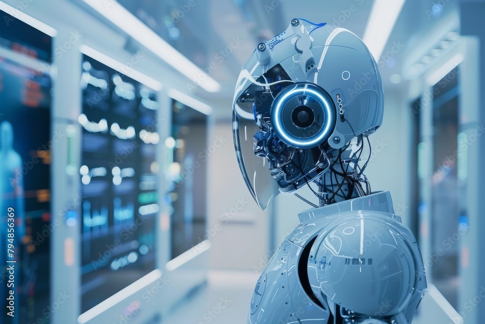 Poster robotic figure with human-like features and agility examines intricate data streams in a technologic