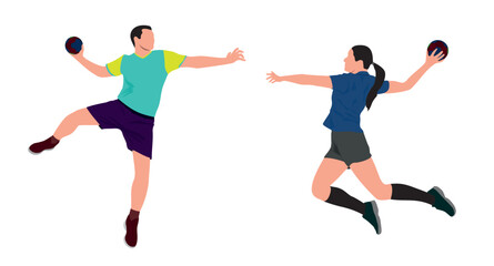 Male and female softball game player on isolated white background. 