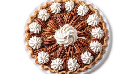 Classic Pecan Pie top view, showcasing the intricate layer of pecans and lush filling, accompanied by whipped cream, ideal for culinary photography, isolated background