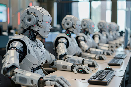 Many identical AI robots sitting at desk in the office and working with computers, one robot is looking at camera: artificial intelligence and robotization effects on employment
