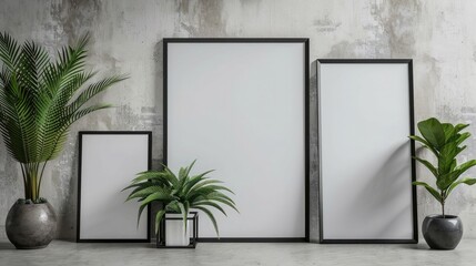 A set of realistic poster frame mockups in different sizes and orientations, perfect for showcasing your artwork or advertisements.