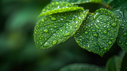 Closeup of water drops on a leaf of a terrestria,
Closeup of raindrops on a vibrant green leaf
