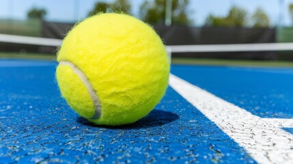 A tennis ball resting on the court, with a blue background and white lines, in a closeup shot.