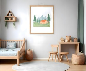 Fototapeta na wymiar poster-frame-in-children-room-with-natural-wooden