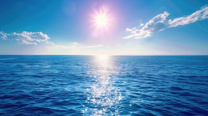 A serene ocean scene with a lens flare effect enhancing the sun's reflection on the water, creating a peaceful and calming image. - Powered by Adobe