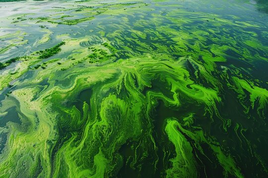 A serene lake coated with a thick layer of algae blooms, illustrating the ecological consequences of nutrient pollution from agricultural runoff.