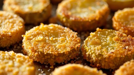 Artistic representation of fried green tomatoes, crispy and tangy, coated in cornmeal, showcased on a seamless background for clear focus
