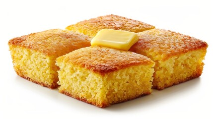 Artistic presentation of moist, slightly sweet cornbread, topped with a pat of butter melting beautifully, set against an isolated background