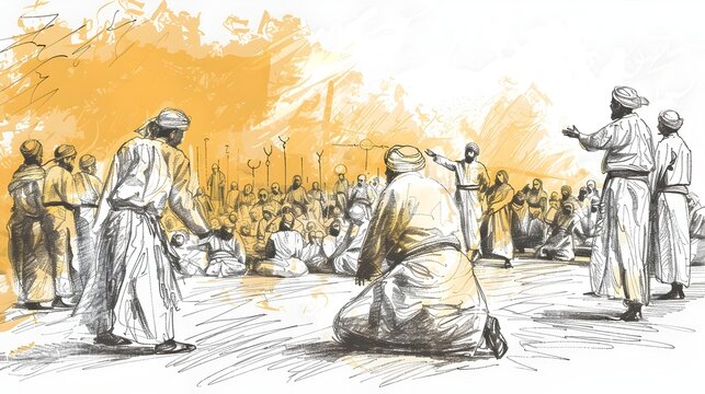 Emotive Hand Drawn Sketch of Taziyah Ritual Performance Depicting Scenes from Battle of Karbala and Martyrdom of Imam Hussein