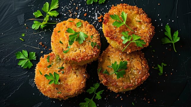 Artistic food advertisement featuring top view of crispy fried green tomatoes, tangy and coated in cornmeal, on an isolated background, studio lighting