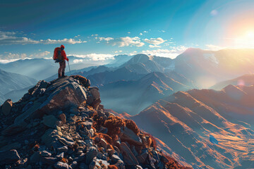 A man is standing on a mountain top with a backpack by AI generated image