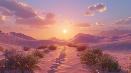A sandy pathway meandering through a desert landscape, with towering sand dunes on either side, the sun setting in the distance. - obrazy, fototapety, plakaty